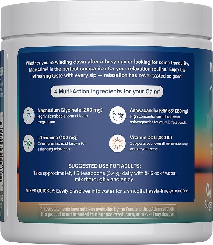 Relaxing Drink Mix | Raspberry-Lemonade Flavor | Magnesium Glycinate, KSM-66 Ashwagandha, L-Theanine & Vitamin D3 | MaxCalm | Gluten-Free, Vegan | 8 Ounce Powder