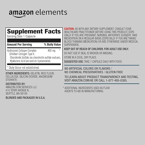 Amazon Elements Collagen Complex, Type II with Hyaluronic Acid, 90 Capsules, 3 Month Supply
