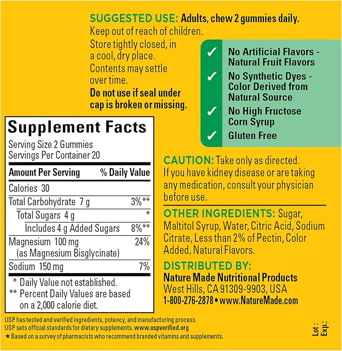 Nature Made High Absorption Magnesium Glycinate Gummies 100 mg per Serving, Muscle, Nerve, Bone and Heart Support, Magnesium Supplement, 40 Magnesium Gummies, 20 Day Supply