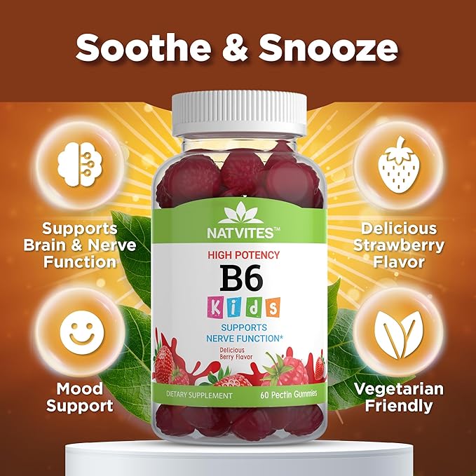 High-Potency Vitamin B6 Gummies for Kids - Delicious Berry Flavored VIT B6 Vitamins 50mg - Supports Nerve Function - Vegetarian Gluten Free Non-GMO Children's 50 mg B 6 Supplement (60 Count)
