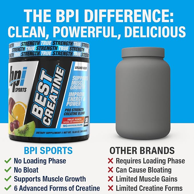 BPI Sports Best Creatine - Creatine Monohydrate Powder for Men & Women, Himalayan Salt - Strength, Pump, Endurance, Muscle Growth, Muscle Definition - No Bloat – Fruit Punch – 50 servings – 10.58 oz