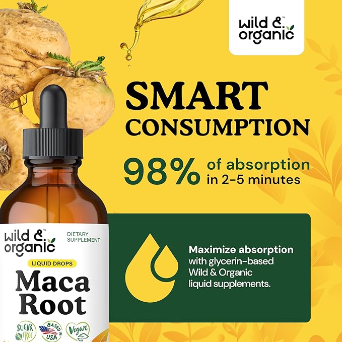Wild & Organic Maca Root Liquid Drops for Men & Women - Peruvian Maca Tincture for Overall Support - Vegan, Sugar & Alcohol-Free Supplement - 4 fl oz