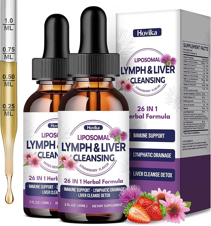 Liposomal Lymphatic Drainage Drops, 26 in 1 Liver Cleanse Detox & Repair with Milk Thistle, Echinacea, Glutathione, Vitamins, Lymph-Liver Cleanse, Gut & Metabolic Health - Strawberry Flavor, 4 Fl Oz