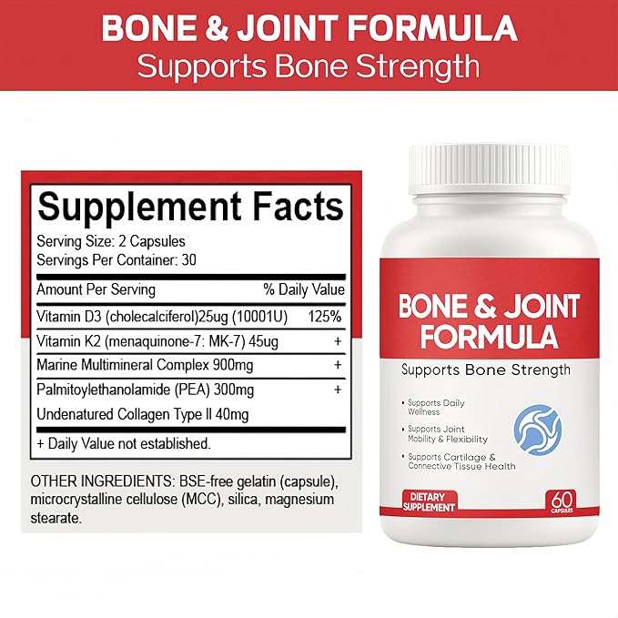 Osteo Bone & Joint Formula Forbone Density, Bone and Joint Formula Supplement, Calcium Supplements for Women with Vitamin D3, K2, Collagen Ll, Marine Multimineral Complex, 60 Capsules