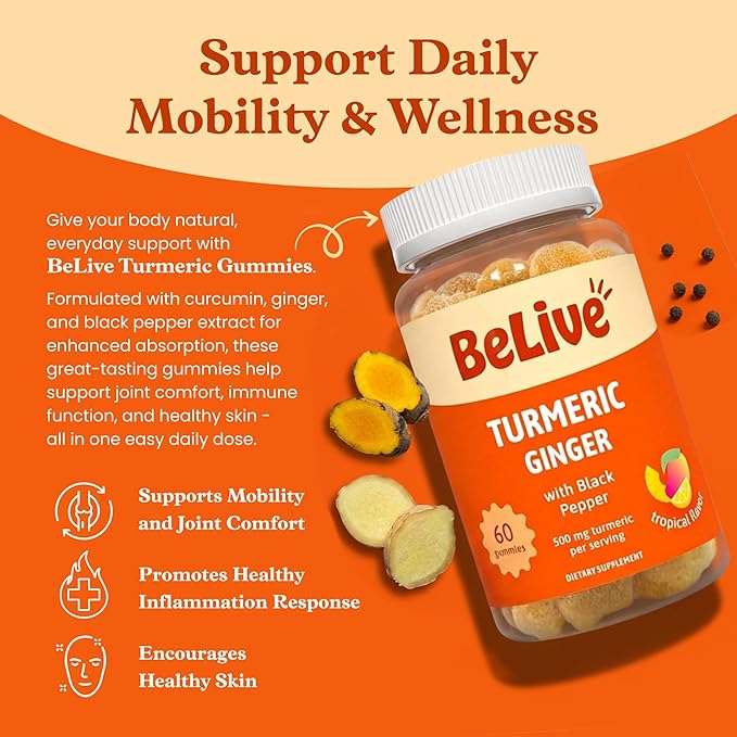 BeLive Turmeric and Ginger Gummies - 500mg - Joint and Mobility Support Supplement - Curcumin with Black Pepper for Enhanced Absorption - Tropical Flavor - 3 Pack, 180 Count