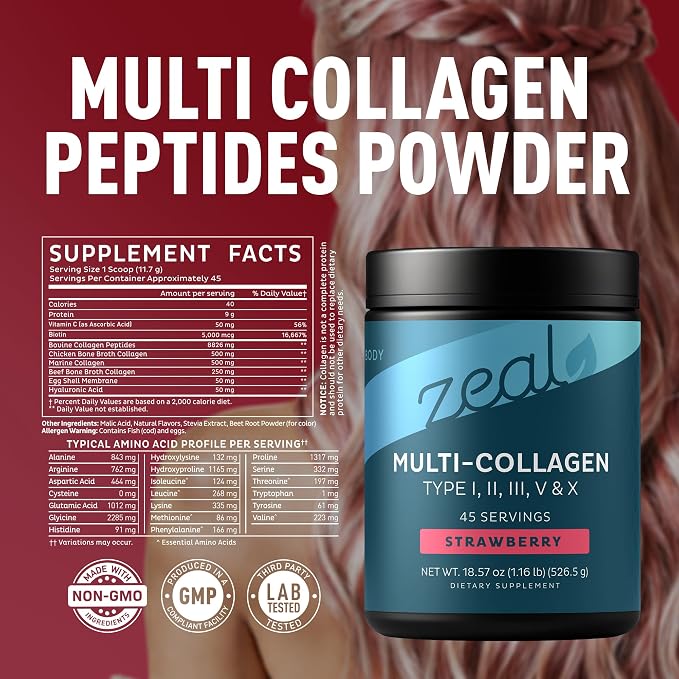 Zeal Naturals Multi Collagen Protein Peptides Powder Types I II III V X - Vitamin C, Biotin & Hyaluronic Acid - Hair, Skin & Nails - Marine, Bovine, Chicken & Eggshell - Strawberry, 45 Servings