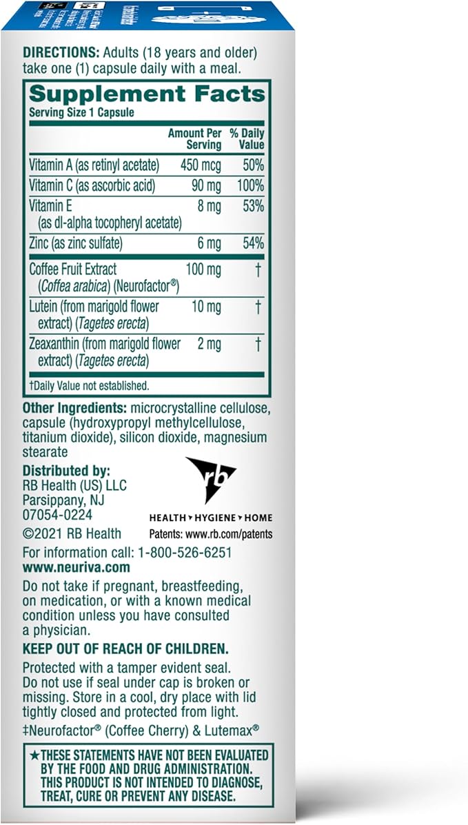 NEURIVA Brain + Eye Supplement for Memory, Focus & Concentration with Lutein & Vitamins A C E and Zinc for Eye Health & Zeaxanthin to Filter Blue Light, 30ct Capsules, (Pack of 2)