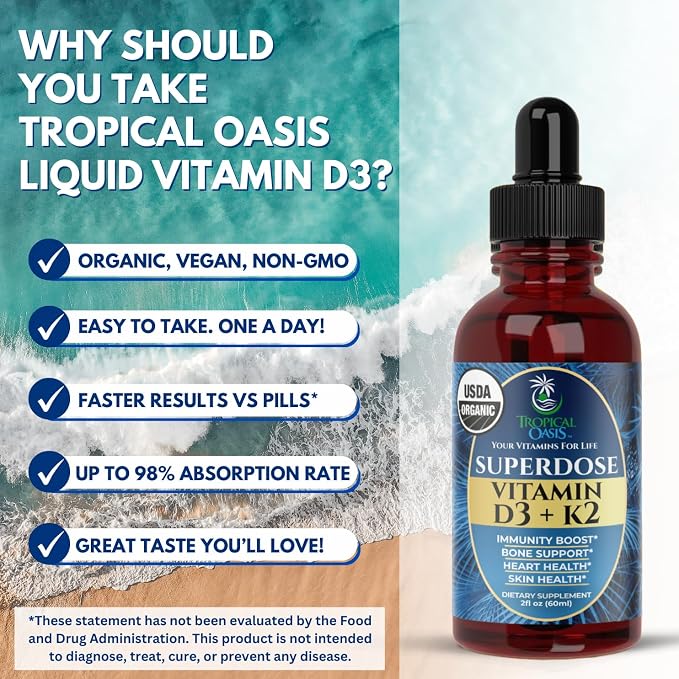 USDA Organic Liquid Vitamin D3 K2 Drops for Adults | Superdose 8000IU Pure Vitamin D3 | 60 Serv | Vitamin D K2 Supplement for Immune Support & Bone Health | 98% Absorption | Vegan, Non-GMO | 2 Fl Oz