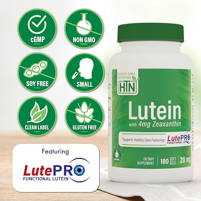 Lutein 20mg with Zeaxanthin 4mg 180 Softgels | Trans-Isomer Marigold Extract in Nature Identical 5:1 Ratio | Supports Healthy Eye, Skin and Brain | Non-GMO Soy & Gluten Free | by Health Thru Nutrition