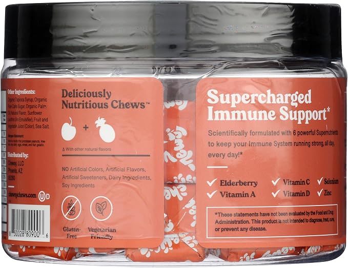 Chewsy 6-in-1 Immune Support Supplement Fruity Chews with Elderberry, Vitamin C, A & D, Zinc & Selenium - 30-Day Supply, Individually Wrapped Immunity Vitamins Chews for Adults and Kids (1)