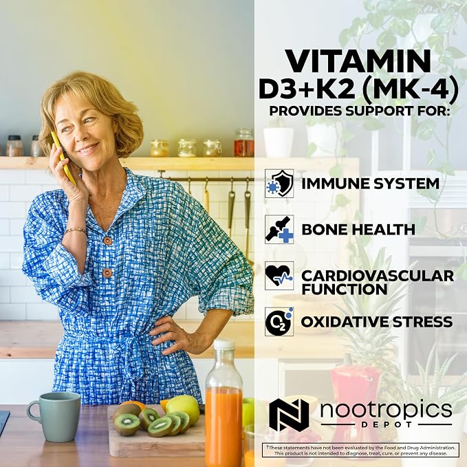 Nootropics Depot Vitamin D3 + K2 with Vitamin C Tablets | 365 Count | Cholecalciferol + Menaquinone-4 (MK-4) | Mood, & Bone Health | Healthy Calcium Absorption