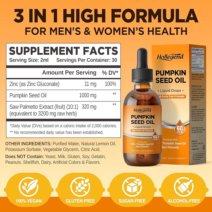 Pumpkin Seed Oil - DHT Blocker for Men Women Hair Growth, Organic Pumpkin Seed Extract with Saw Palmetto for Prostate & Urinary Health, Cold Pressed Supplements Liquid Drops, Lemon, Vegan, 4 Fl Oz
