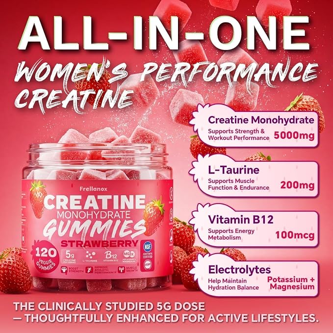 Creatine Monohydrate Gummies 5000mg for Women & Men - Creatine Gummies with B12, Supports Muscle Strength, Energy & Workout Recovery - Strawberry Flavor, Sugar Free, Vegan, 120 Count