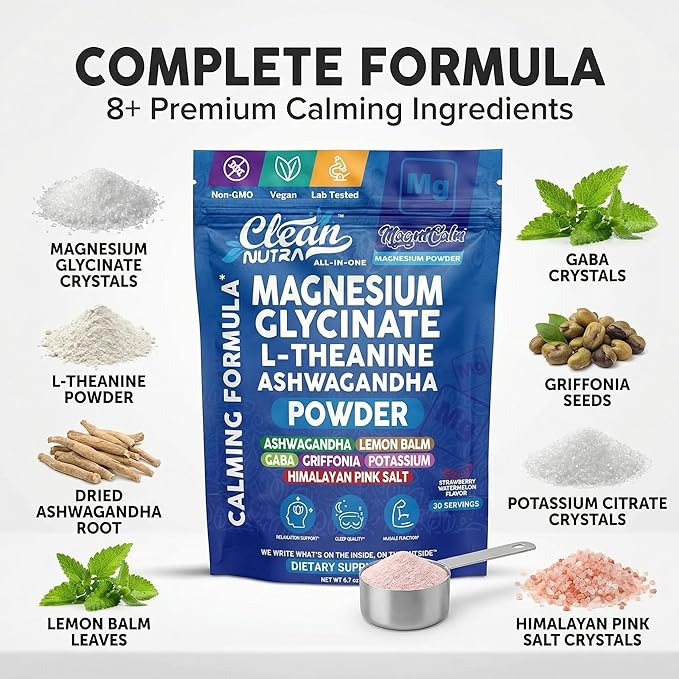 Magnesium Glycinate Powder Supplement + L Theanine Ashwagandha Glycine Apigenin Lemon Balm GABA 5HTP Pink Salt Potassium L Tryptophan Calcium | Powdered Sleep Aid Calm Trace Minerals Vitamin