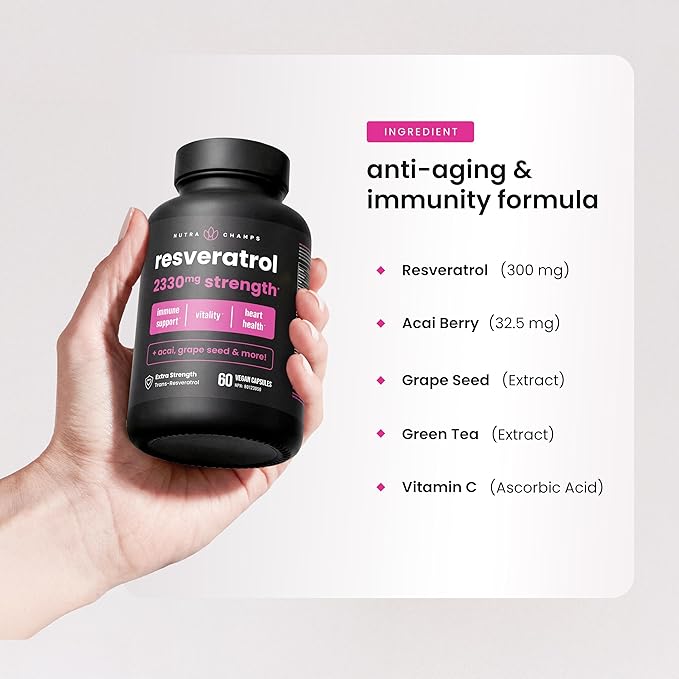 NutraChamps Resveratrol Supplement, Extra Strength Formula for Healthy Aging, Immune Support, 60 Vegan Capsules with Trans-Resveratrol, Green Tea Leaf, Acai Berry & Grape Seed Extract (Pack of 2)