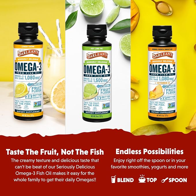 Barlean's Omega 3 Fish Oil Liquid Supplement for Men and Women, 1500mg of EPA and DHA Fatty Acid, Promotes Brain & Heart Health - Non-GMO, Variety Pack, 8 oz