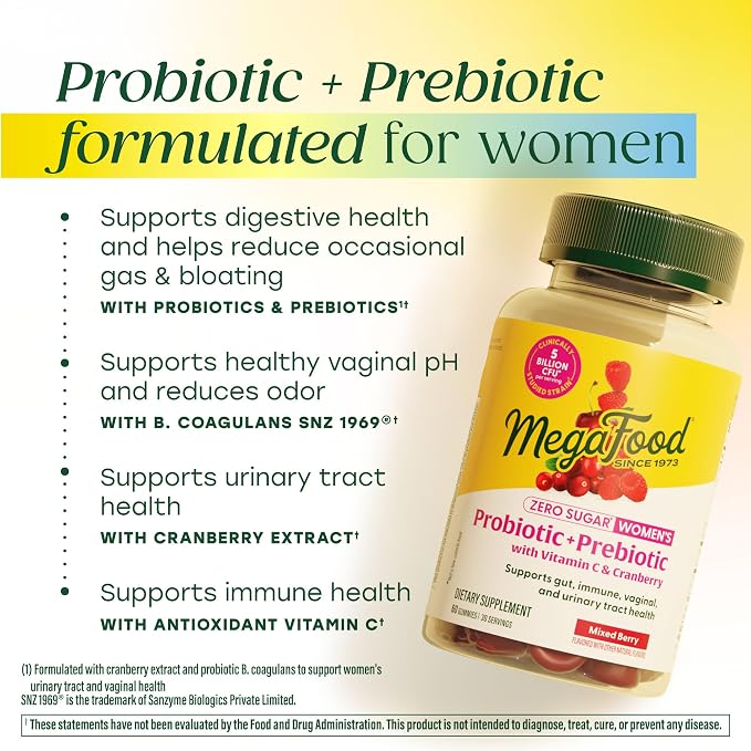 MegaFood Women’s Probiotic + Prebiotic Gummies - Zero Sugar Prebiotics and Probiotics for Women - Vitamin C & Cranberry - Supports Immune, Vaginal & Gut Health - 60 Vegan Berry Gummies, 30 Servings