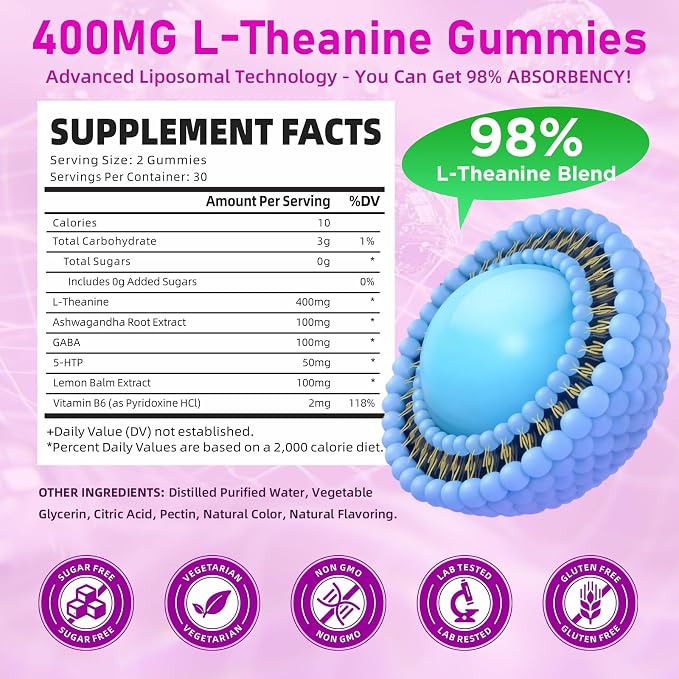 L-Theanine Gummies for Kids & Adults, L'Theanine 400mg with Ashwagandha, GABA, 5HTP, L Theanine Supplement for Calm, Zzz & Relaxation Support, Raspberry Flavor, 60 Counts