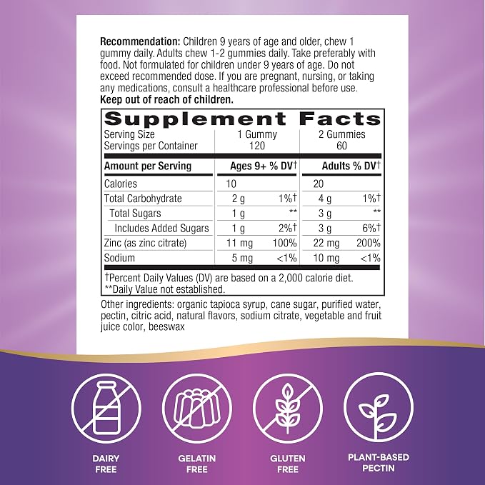 Nature's Way Zinc Gummies, Immune Support Gummy with 100% Daily Value of Zinc per 1-Gummy Serving*, Adults & Kids 9+, Gluten Free, Plant-Based Pectin, Mixed Berry Flavored, 120 Gummies (Set of 2)