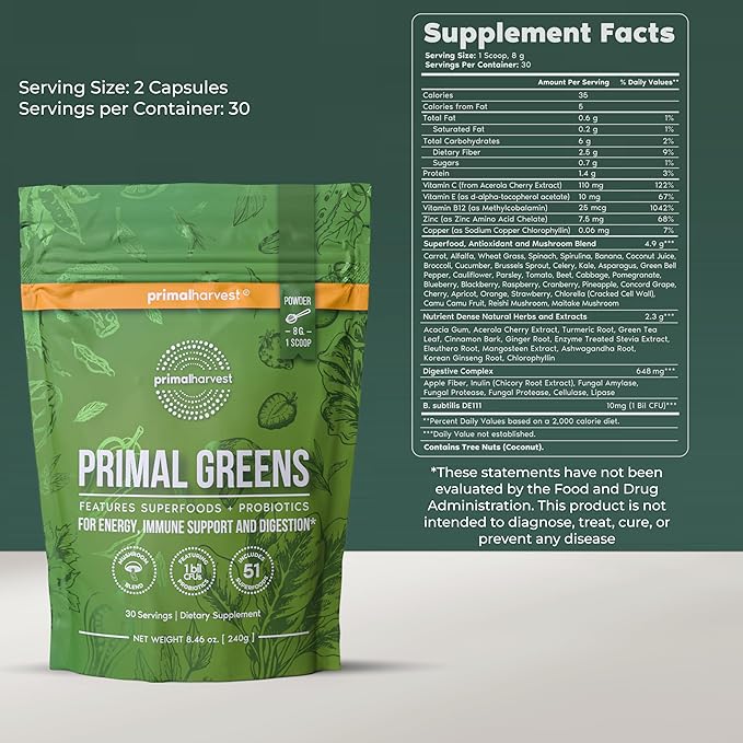 Primal Harvest Greens Powder & Vision Supplements for Women and Men Vision and Eye Support Complex with Lutein, Zeaxanthin Bundle
