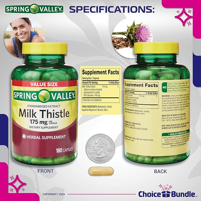 CHOICE BUNDLE Spring Valley Standardized Extract Milk Thistle Dietary Supplement Capsules 175 mg 180 Ct 3 pk (540 Total) + Vitamin Guide and Pill Container (5 Items)!