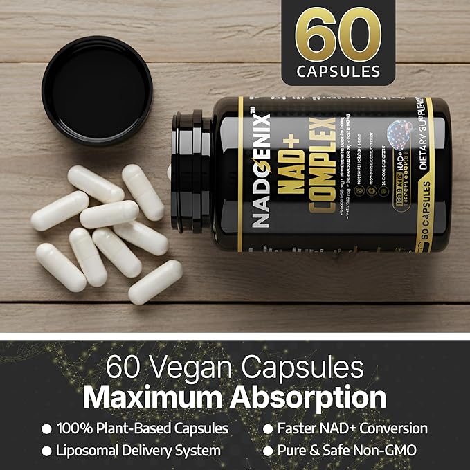 NADGENIX™ NAD+ Supplement – NMNH 500mg, Nicotinamide Riboside, TMG, Resveratrol & CoQ10 – Cellular Energy & Healthy Aging – 60 Capsules – High Absorption Liposomal Delivery