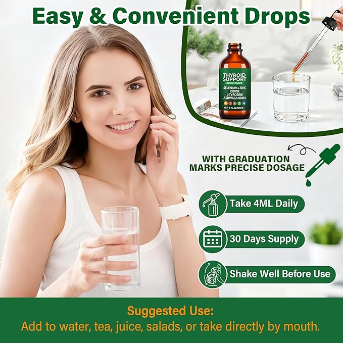 Thyroid Support Complex Liquid Drops for Women & Men - High Potency Iodine, Zinc, Selenium & Ashwagandha for Cortisol & Stress Relief - Natural Metabolism & Energy Booster - 4 oz (120ml)