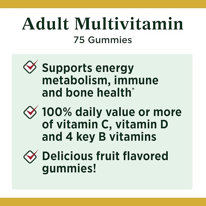 Nature's Bounty Adult Multivitamin Gummies, Vitamin Supplement, Daily Nutritional Needs, Orange, Cherry and Grape Flavor, 75 Gummies (Pack of 3)