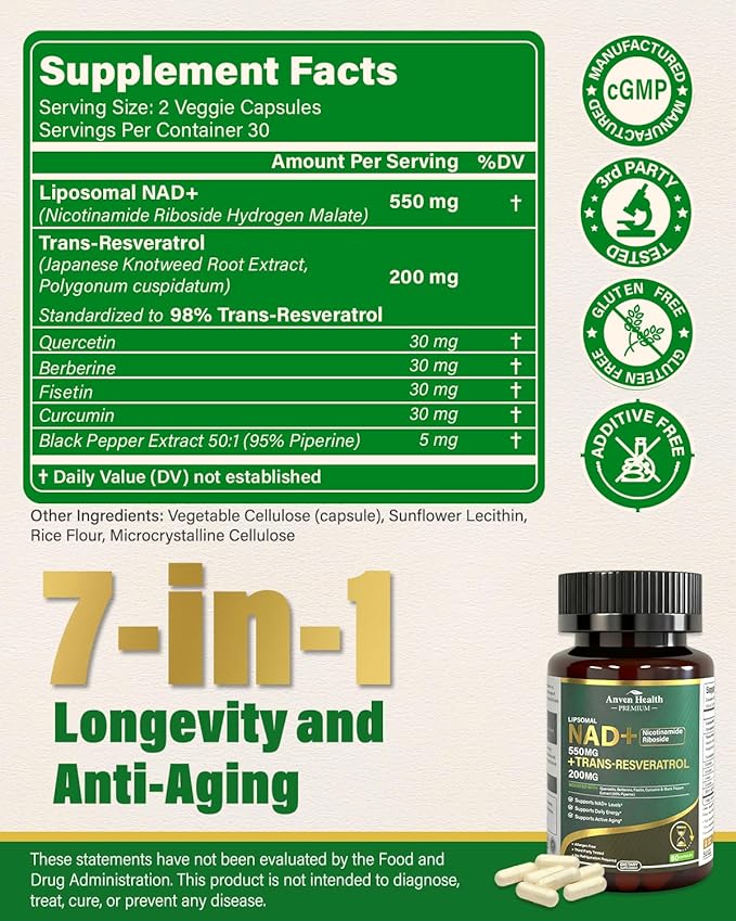 Liposomal NAD+ Resveratrol Supplement - NMN Alternative with Trans-Resveratrol, Quercetin & Fisetin - NAD Plus Booting for Women and Men, Cellular Energy & Healthy Aging, Non-GMO | 120 Capsules