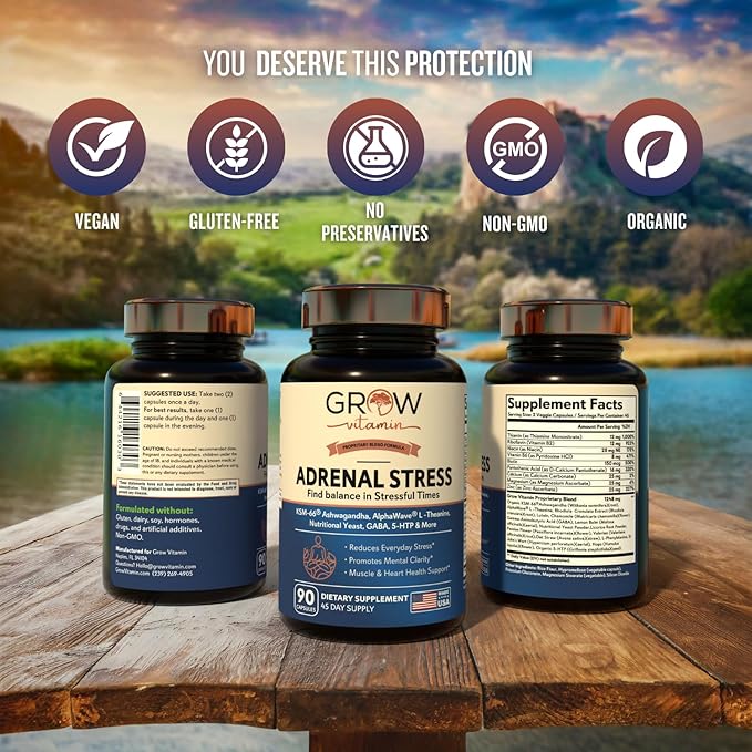 Grow Vitamin Adrenal Stress Advanced Formula, Organic KSM-66 Ashwagandha with AlphaWave L-Theanine, 5-HTP, Magnesium Blend - Everyday Stress Relief, Mood Support, Cognitive, Brain Health, 90 Capsules