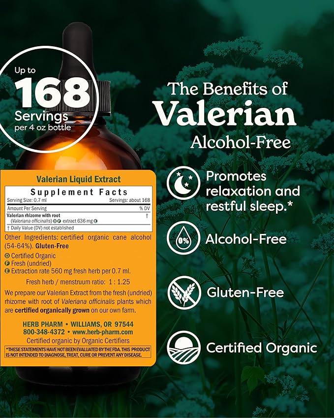 Herb Pharm Certified Organic Valerian Root Liquid Extract for Relaxation and Restful Sleep, Alcohol-Free Glycerite, 4 Ounce