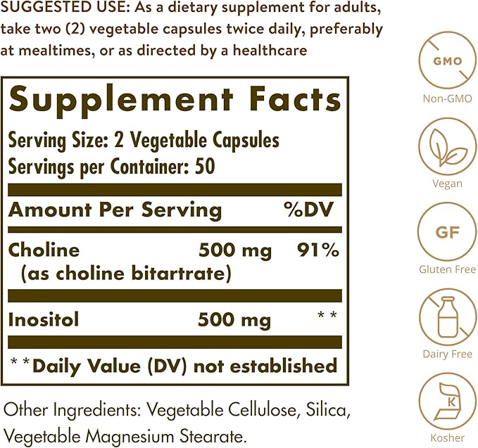 Solgar Choline/Inositol 500 mg/500 mg, 100 Vegetable Capsules - Energy Metabolism, Liver Health, Essential for Brain & Nerve Function - Non-GMO, Vegan, Gluten Free, Dairy Free, Kosher - 50 Servings