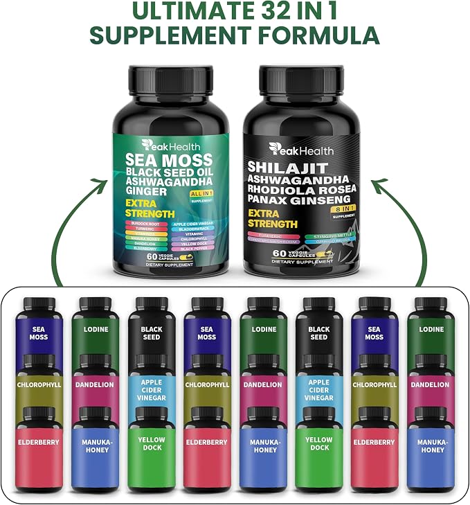 Peakhealth Shilajit Sea Moss Black Seed Oil Ashwagandha Capsules for Man Woman,2 Bottle Combo with Turmeric, Panax Ginseng, Rhodiola,Herbal Formula,Energy & Immune Support, 60 Capsules