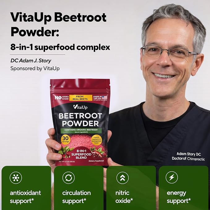 VitaUp Beet Root Powder 8 in 1 – USA Made Beets Powder Supplements with Grape Seed, Hawthorn, Coq10 – with Organic Beetroot for Normal Circulation & Energy Support – 30 Serving