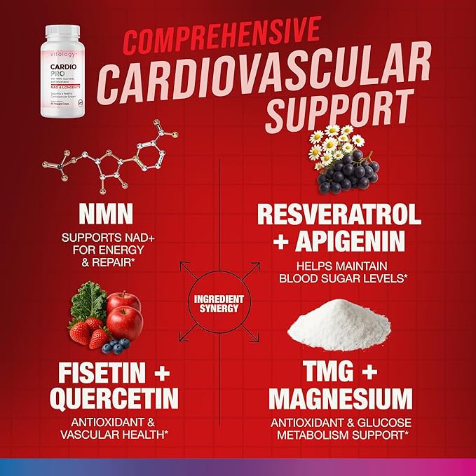 N.A.D.+ Longevity – Cardiovascular Support Supplement with NMN, NR, Resveratrol, Fisetin, Quercetin, TMG & Apigenin – Promote Healthy Heart Function & N.A.D.+ Levels – 60 Veggie Capsules