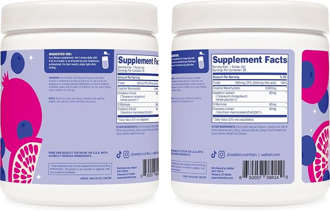 Wellah Creatine for Women - Creatine Monohydrate with Dandelion & Cranberry Extract (50 Servings, Blueberry Pomegranate)