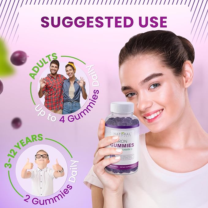 Iron Gummies with Vitamin C for Adults & Kids - Chewable Iron Supplement for Iron Deficiency Anemia, Red Blood Cell Support, Energy, Immune Function, Brain Health, Max Absorption, Grape Flavor, Vegan