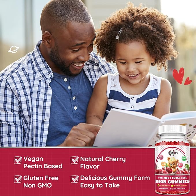 Iron Supplement Gummies for Kids - with Calcium, Zinc, Kids Multivitamin with Iron Gummies - Immune Support, Blood Builder & Energy Support for Iron Deficiency, Anemia, Cherry Flavor, 60 Gummies