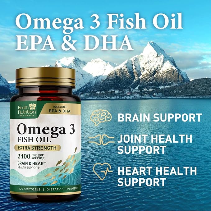 Omega 3 Fish Oil Supplements - 2400mg Fish Oil Per Serving - Triple Strength Omega-3 with EPA & DHA Fatty Acids - Natural Heart, Brain & Immune Support - Wild Caught, Bottled in USA - 120 Softgels