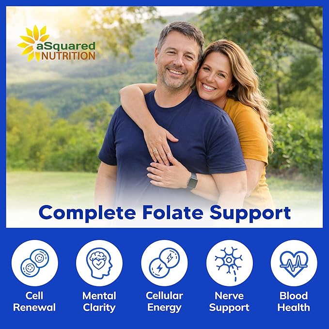 aSquared Nutrition L Methylfolate Plus Methyl B12 - Methylated Folate Supplement for Women & Men - 5-MTHF (Active Vitamin B9) 1000 mcg & B-12 1mg - B Complex - 60 Capsules