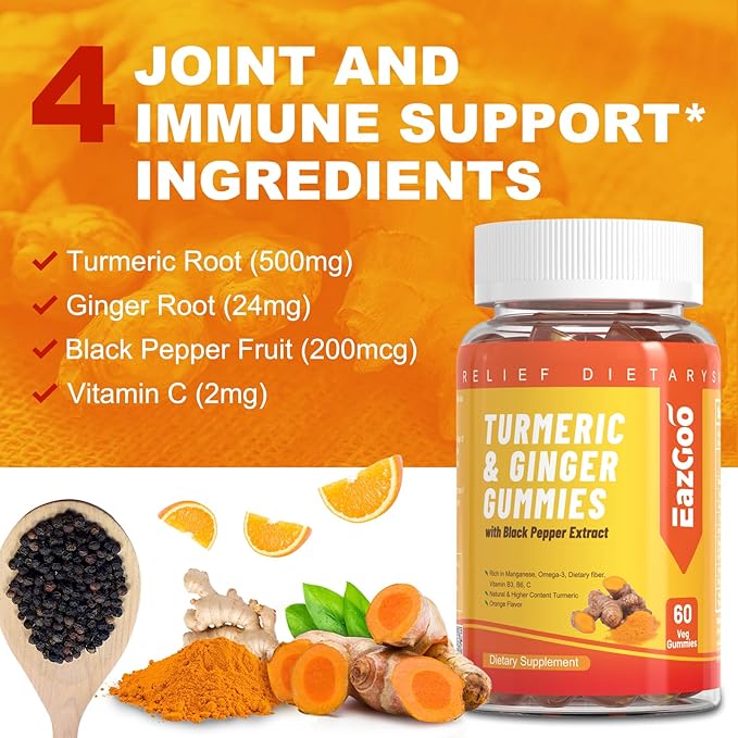Turmeric Curcumin Gummies 500mg for Adults, with Black Pepper, Ginger Root, Vitamine C, Low Sugar Fruit Gummies, Orange Flavor - 120 Counts