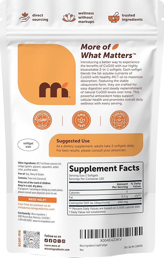 Micro Ingredients CoQ10 200mg Per Serving, 240 Softgels | Made with Coconut MCT Oil | Coenzyme Q10 (Ubiquinone) | Non-GMO
