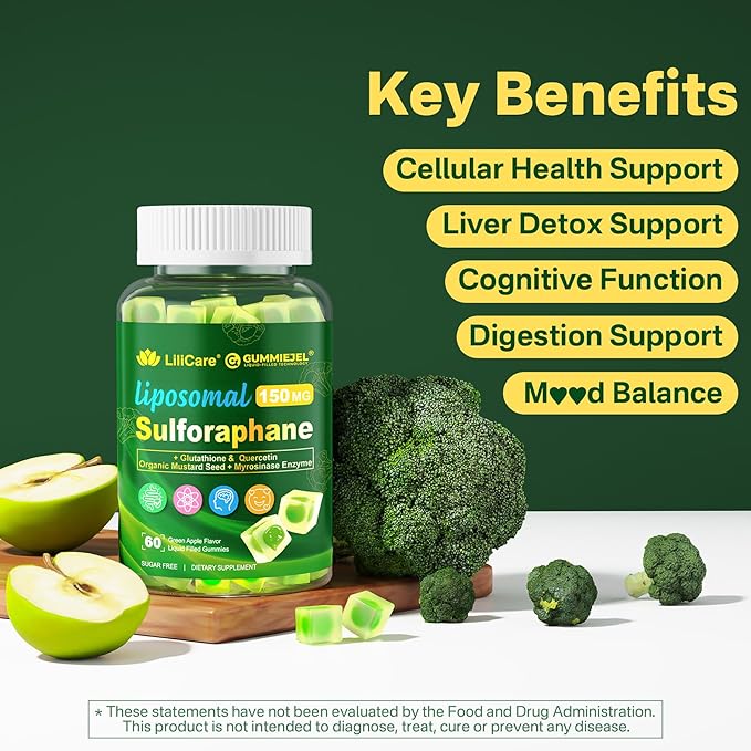 Liposomal Sulforaphane Supplement 150mg, from Broccoli Seed Extract w/Myrosinase, Quercetin, Glutathione, Sulforaphane Supplement Gummies for Antioxidants Detox Cellular Brain Health, Chewable 60Cts