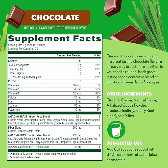 Amazing Grass Greens Blend Superfood: Super Greens Powder Smoothie Mix with Organic Spirulina, Chlorella, Beet Root Powder, Digestive Enzymes & Probiotics, Chocolate, 30 Servings (Packaging May Vary)
