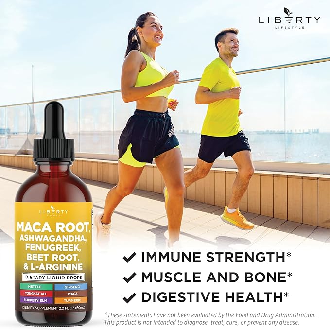 Organic Maca Root Liquid Drops with Ashwagandha, Nettle, Fenugreek, Beet Root and L-Arginine Liquid Multivitamin for Women and Men - 2oz