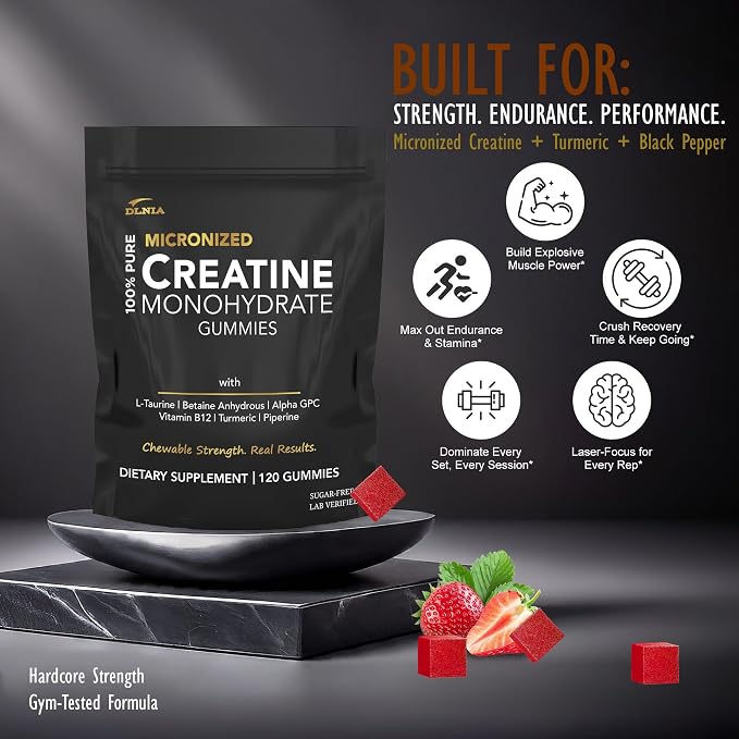 Creatine Monohydrate Gummies for Men & Women - Sugar Free & Vegan Advanced Formula W/L-Taurine + Vitamin B12 - for Muscle Strength, Muscles Builder, Recovery (120 Count (Pack of 1), Strawberry)