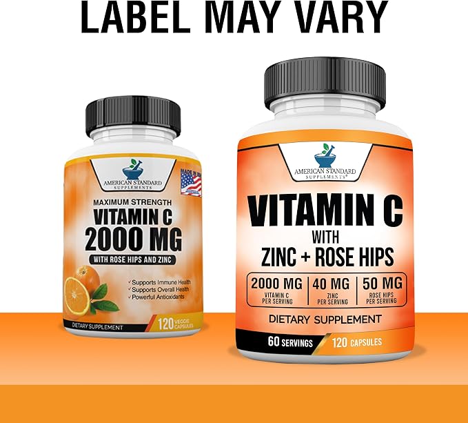American Standard Supplements Vitamin C 2000mg, Zinc 40mg, and Rose HIPS 50mg Per Serving – Vegan, Gluten Free, Non-GMO (120 Count) (Pack of 2)