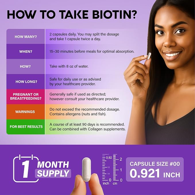 Biotin | Collagen | Hyaluronic Acid | Keratin - Support Normal Hair Growth Cycle, Skin & Nails - Clinically Tested - 25000mcg Vitamins B1, B2, B3, B6 & B7 - for Women & Men - Made in USA | 60 Capsules