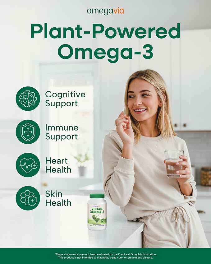 OmegaVia Vegan Omega 3 Supplement, Algae Omega 3 Fish Oil Alternative, 300mg Vegan DHA Fatty Acids, Plant Based, Planet and Ocean Friendly, IAOS 5 Star Tested, 60 Softgels
