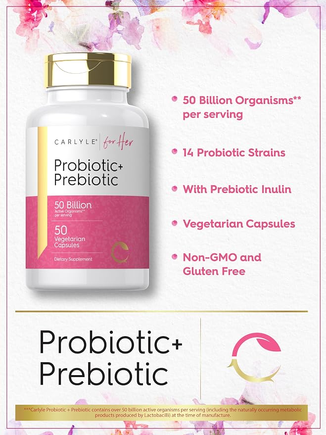 Carlyle Probiotic and Prebiotic for Women | 50 Billion Active Organisms Per Serving | 50 Capsules | with Organic Inulin | Vegetarian Supplement for Women